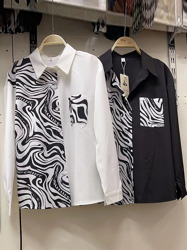 Long Sleeves Loose Asymmetric Buttoned Zebra-stripe Lapel Blouses&shirts Tops