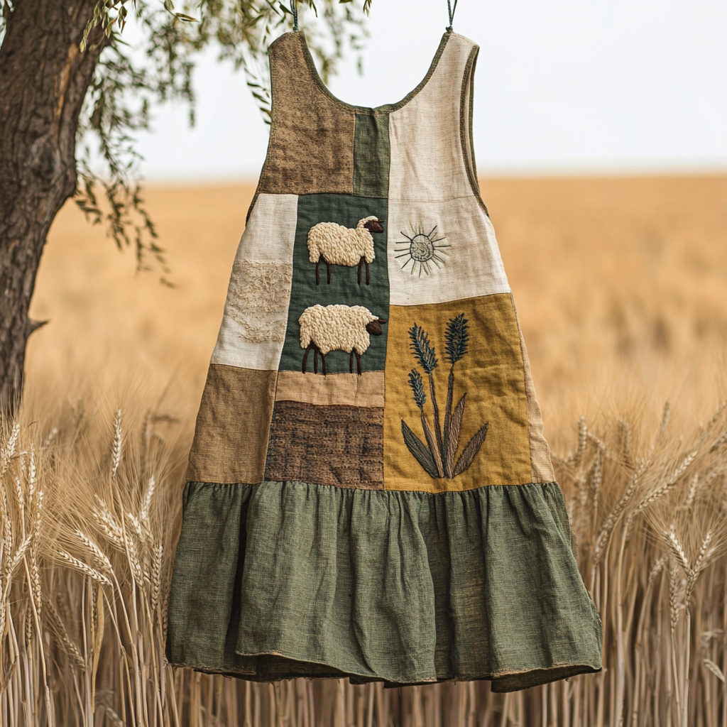 Comstylish Vintage Sheep Flowers Patchwork Print Linen Tank Top