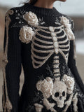 Comstylish White Roses Skeleton Anatomy Beaded Cozy Knit Sweater Mini Dress