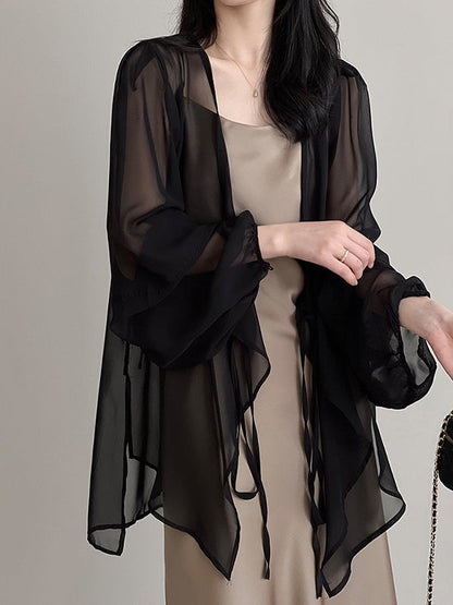 Bishop Sleeve Long Sleeves See-through Split-joint Tied Collarless Blouses&shirts Tops