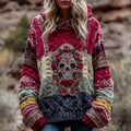 Comstylish Vintage Boho Floral And Skull Inspired Colorblock Design Cozy Knit Hooded Sweater