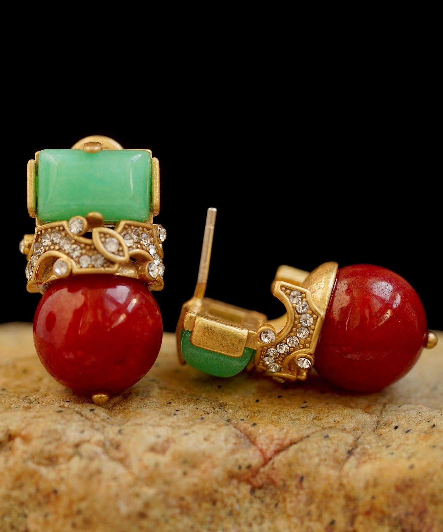 Colorblock Sterling Silver Overgild Zircon Jade Agate Stud Earrings