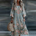 Women's Floral Art Flowy Linen Blend Casual Long Sleeve Maxi Dress elevenforest