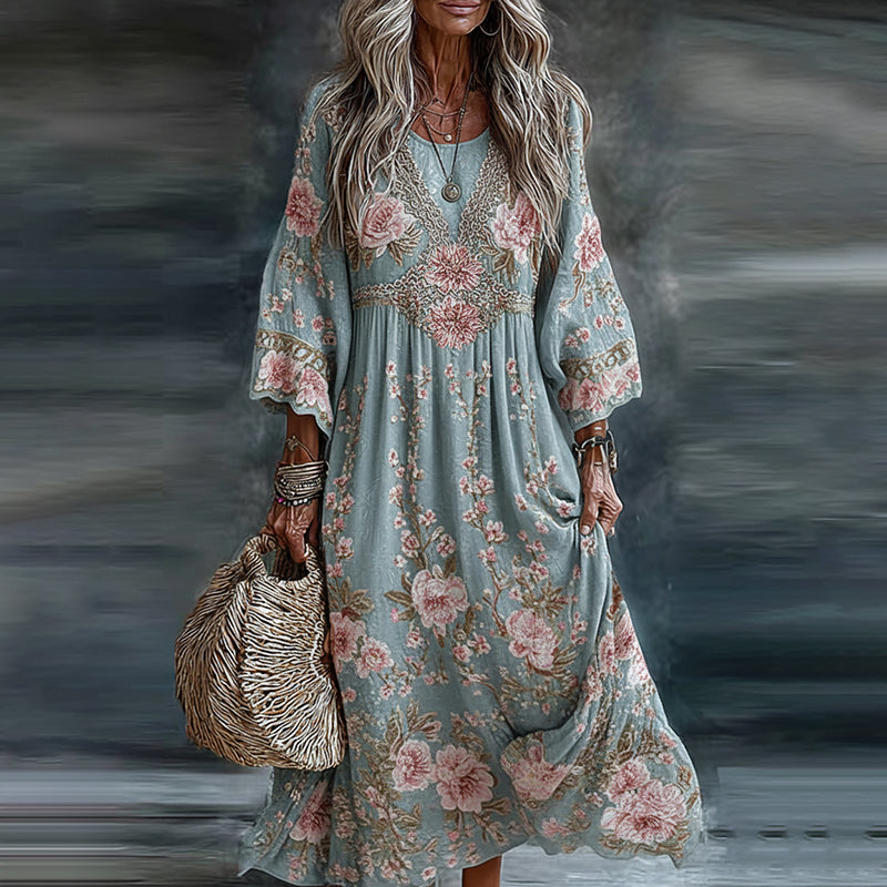 Women's Floral Art Flowy Linen Blend Casual Long Sleeve Maxi Dress elevenforest