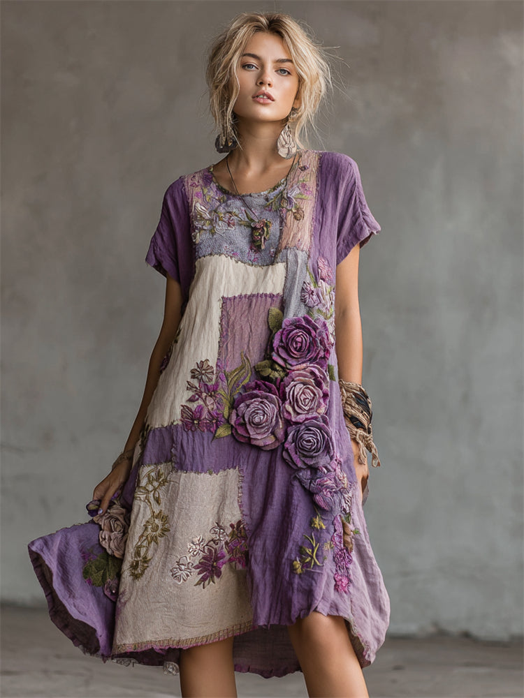 Vintage Roses Embroidered Cottage Patchwork Linen Dress elevenforest