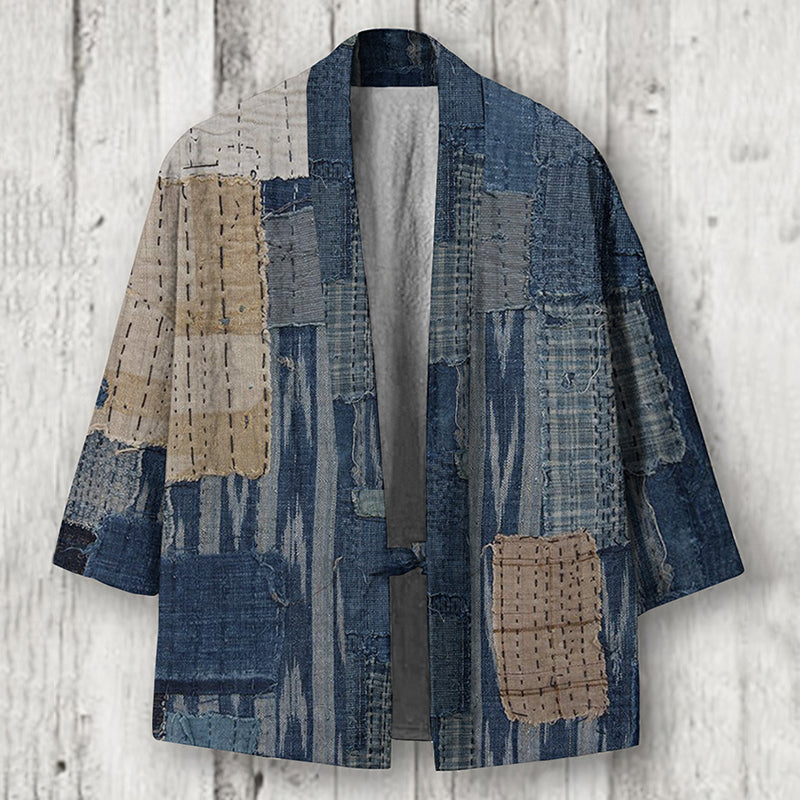 Japanese Retro Patchwork Art Linen Blend Kimono Cardigan elevenforest