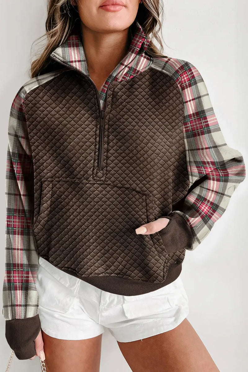 Khaki Plaid Patchwork Sweatshirt