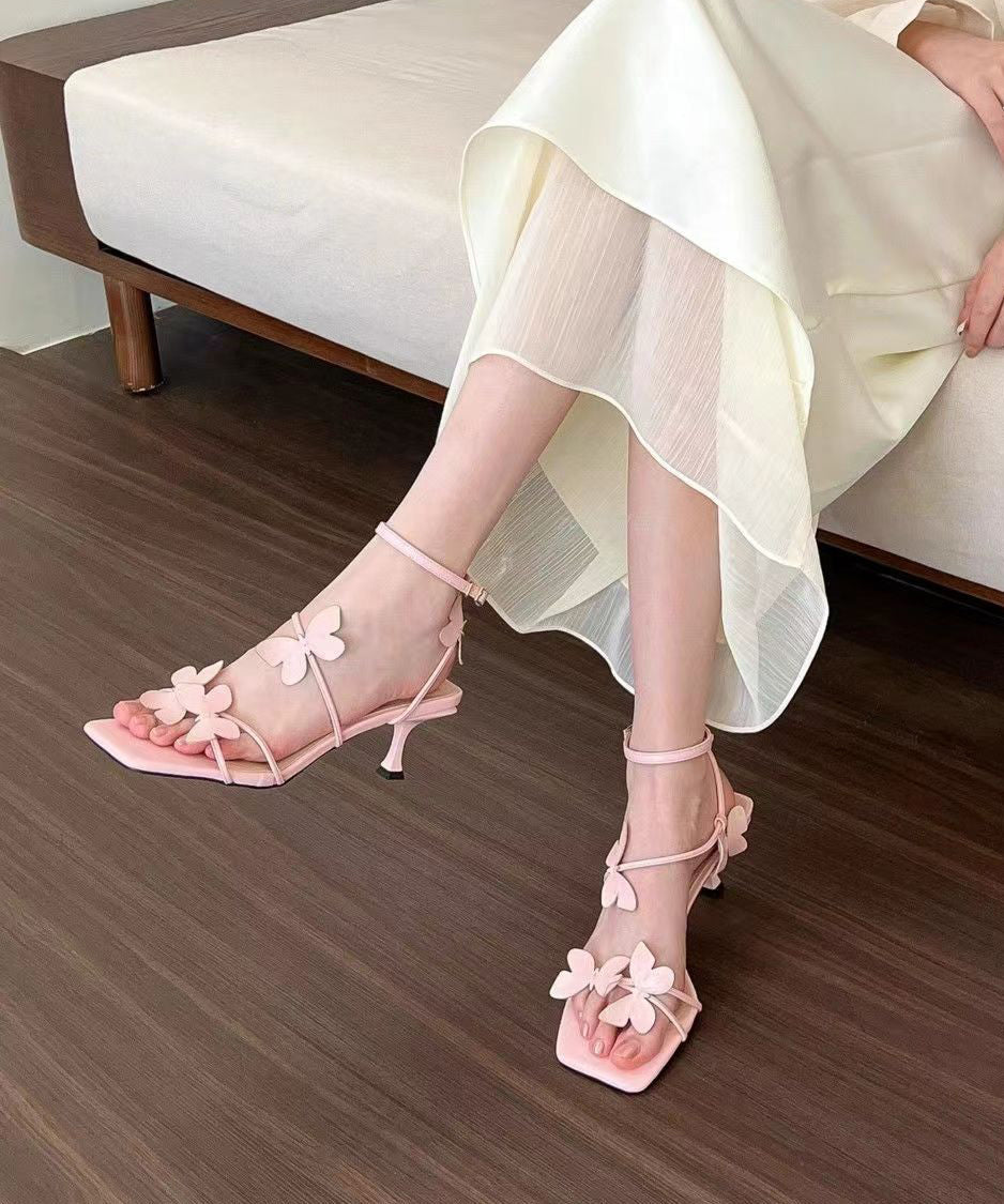 French White Butterfly Splicing Buckle Strap Stiletto Sandals Peep Toe Oi072