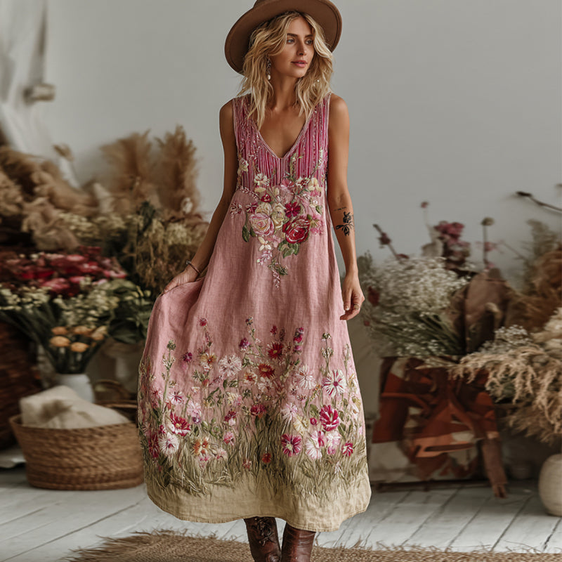 Love & Health Collection Retro Western Women Style Vintage Pink Striped And Floral Patchwork Art V Neck Linen Maxi Dress elevenforest