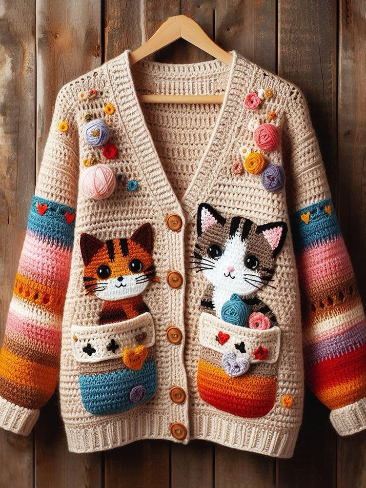 Cute Cats Pattern Soft Knit Cardigan artswardrobe