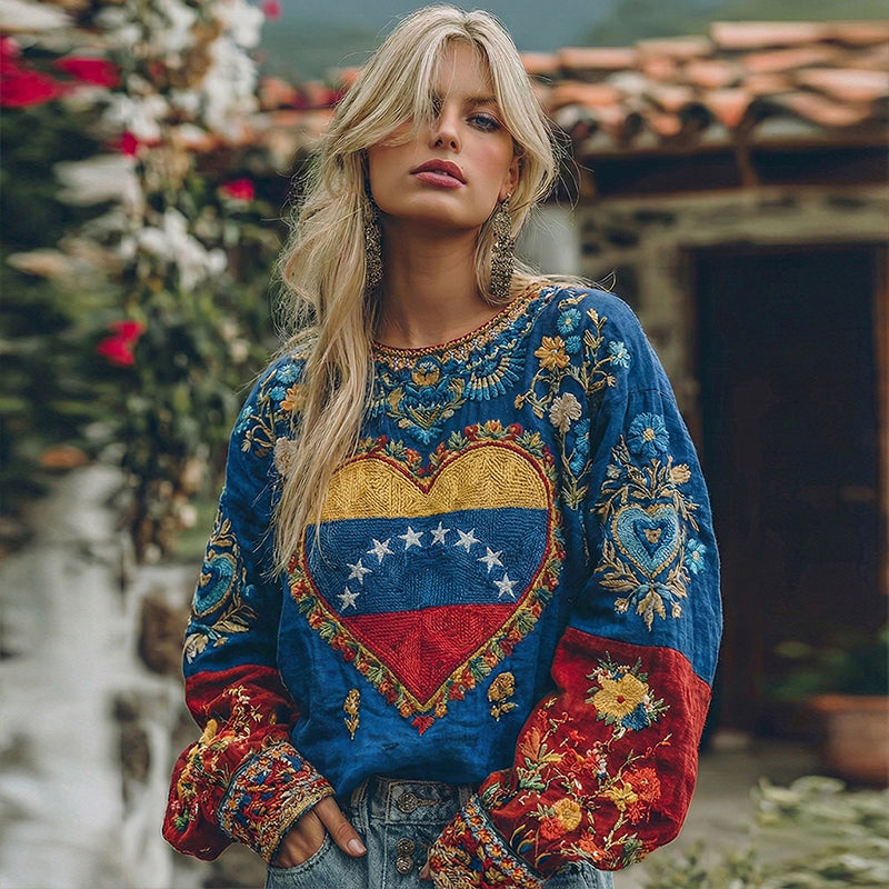 Women's Venezuelan Flag Floral Pattern Crew Neck Linen Blend Shirt elevenforest