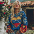 Women's Venezuelan Flag Floral Pattern Crew Neck Linen Blend Shirt elevenforest