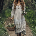 Women's Vintage Floral Lace Art  Linen Blend Maxi Dress elevenforest