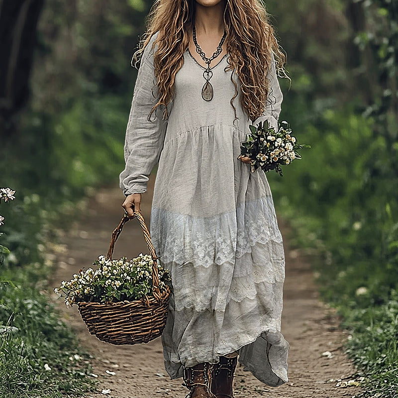 Women's Vintage Floral Lace Art  Linen Blend Maxi Dress elevenforest