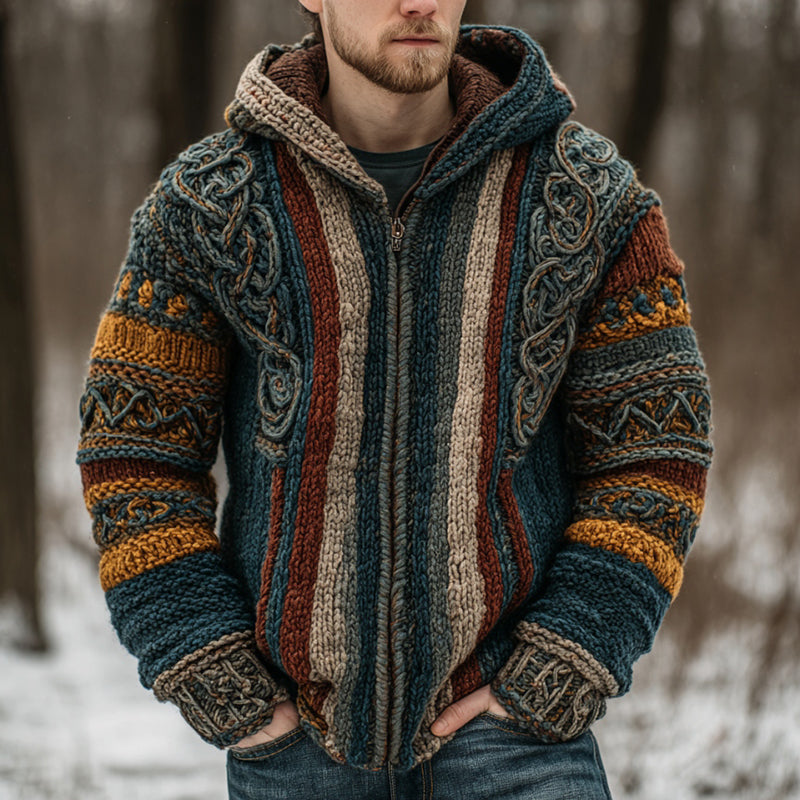 Men's Vintage Colorful Striped Celtic Art Jacquard Thick Warm Zip Hooded Sweater Cardigan elevenforest