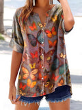 Women's Butterfly Pattern Art Print Cotton and Linen Casual Shirt