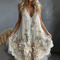 Women's Vintage Rose Art V-neck Tank Midi Dress elevenforest
