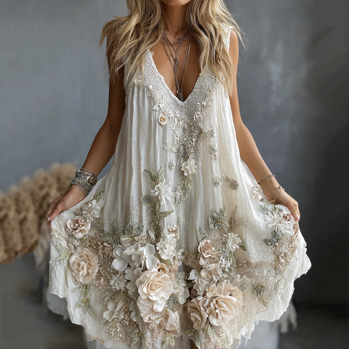 Women's Vintage Rose Art V-neck Tank Midi Dress elevenforest