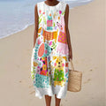 Women's Retro Cute Dogs And Floral Art Print Sleeveless Dress elevenforest