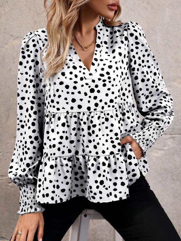 Long Sleeves Loose Elasticity Polka-dot Split-joint V-neck Blouses&shirts Tops