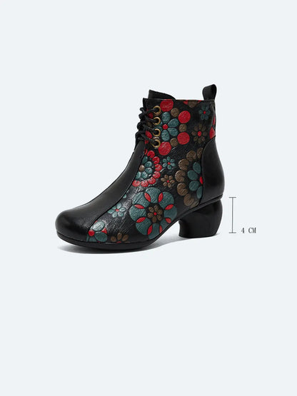 Retro Leather Flower Print Chunky Heel Boots