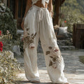 Women's Vintage White Rose Embroidery Art Comfy Linen Pants elevenforest