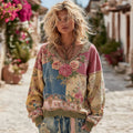 Women's Vintage Bohemian Floral And Rose Patchwork Cozy Warm V Neck Sweatshirt elevenforest