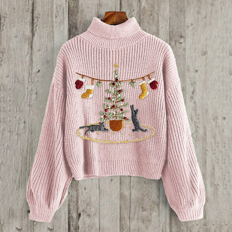 Women's Cat And Christmas Tree Embroidery Art High Collar Cozy Sweater elevenforest