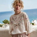 Women's Vintage Floral Embroidery Linen Crew Neck Long Sleeve T-shirt elevenforest