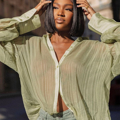 Hollow Out Cutout Loose Cardigan: Sheer Long Sleeve ’s Shirt