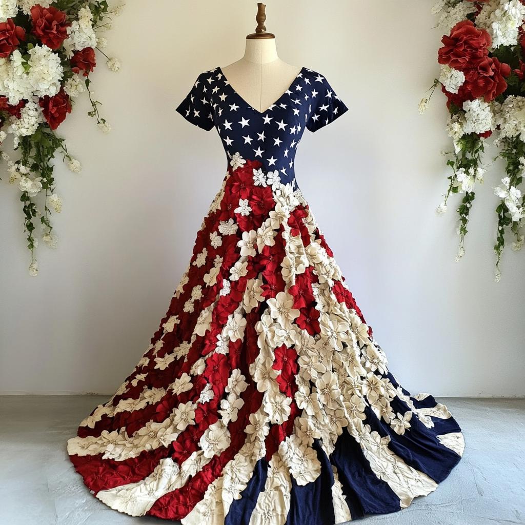 Women's Independence Day Flag And Floral Print Short Sleeve Dress elevenforest