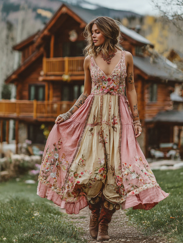 Women's Rose Floral Art V Neck Comfy Sleeveless Maxi Dress elevenforest