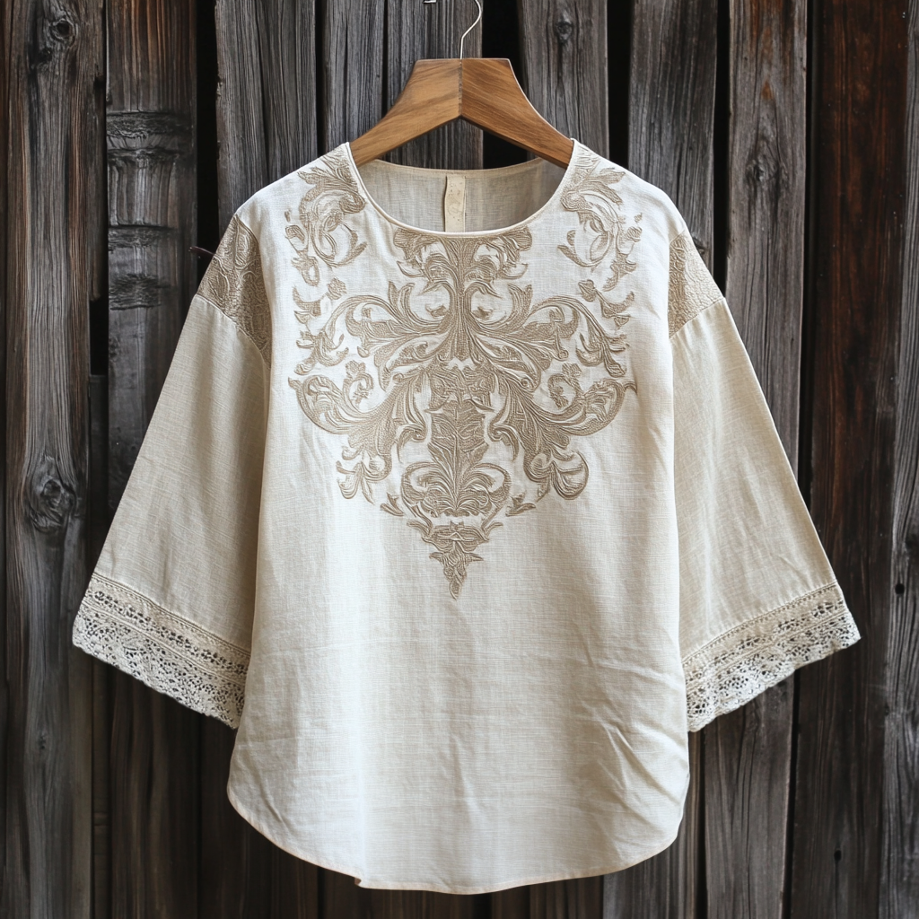 Baroque Print Crew Neck Loose Linen Blend T-shirt elevenforest