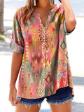Women's Bohemian Flower Art Print Casual Short Sleeve Cotton and Linen