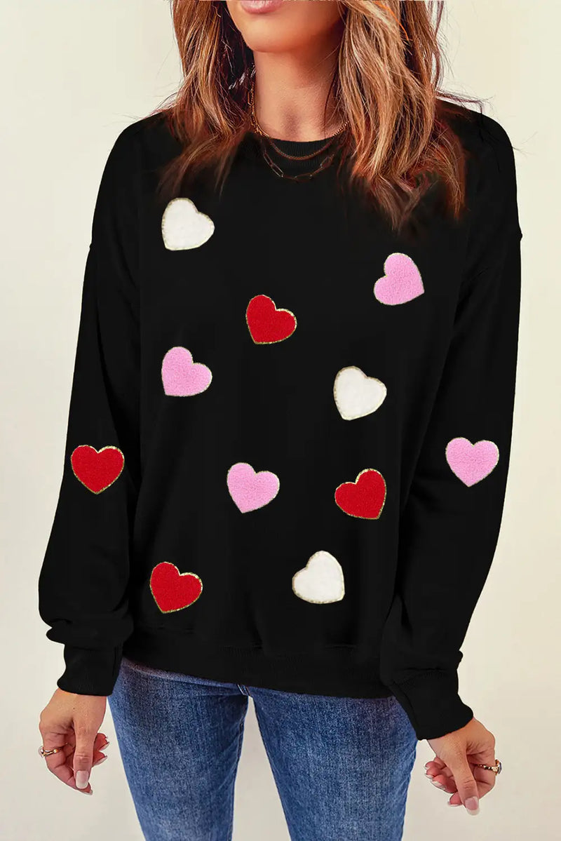 Chenille Embroidered Heart Sweatshirt Black