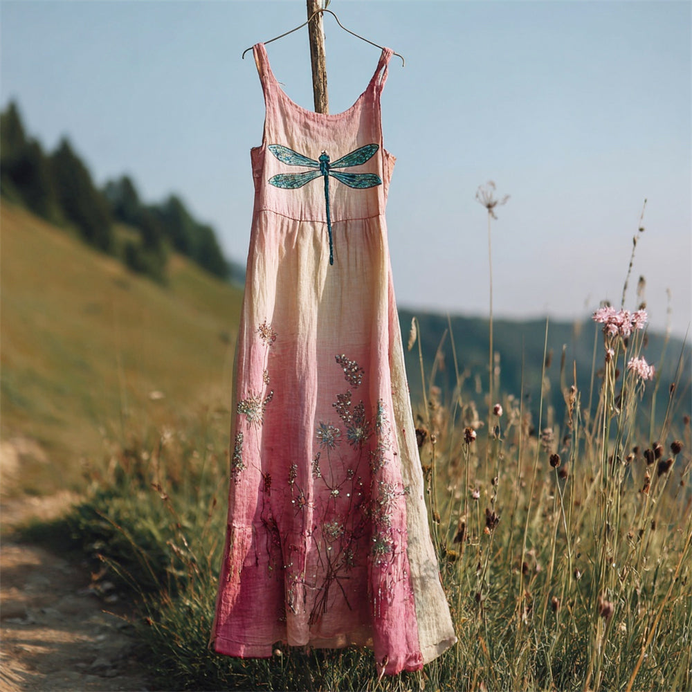 Boho Dragonfly & Dandelion Embroidery Women's Camisole Maxi Dress elevenforest