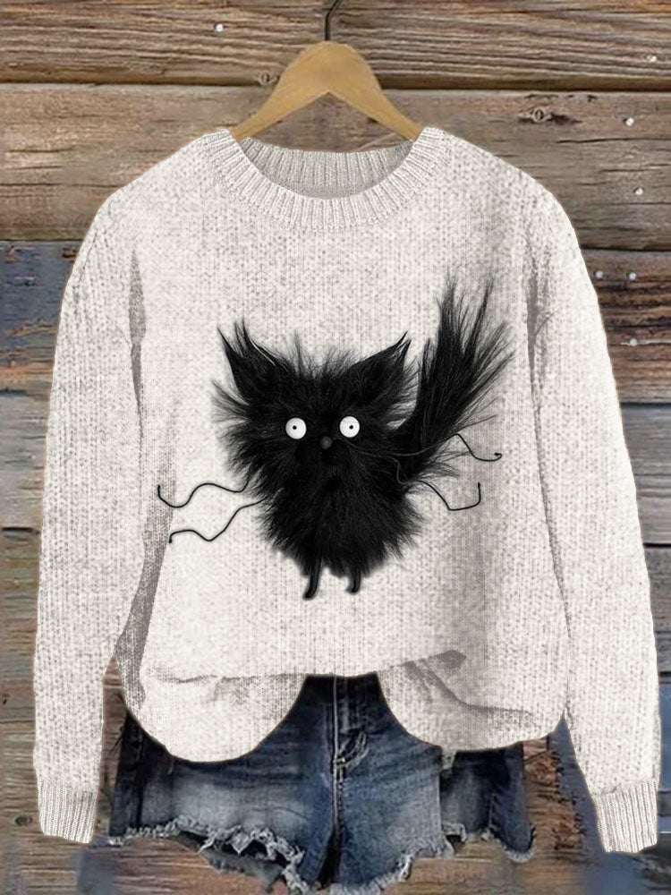 Fuzzy Black Cat Plush Cozy Knit Sweater elevenforest