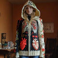 Comstylish Women's Skull Rib Flower Embroidery Art Cozy Knit Zip Up Hooded Sweater