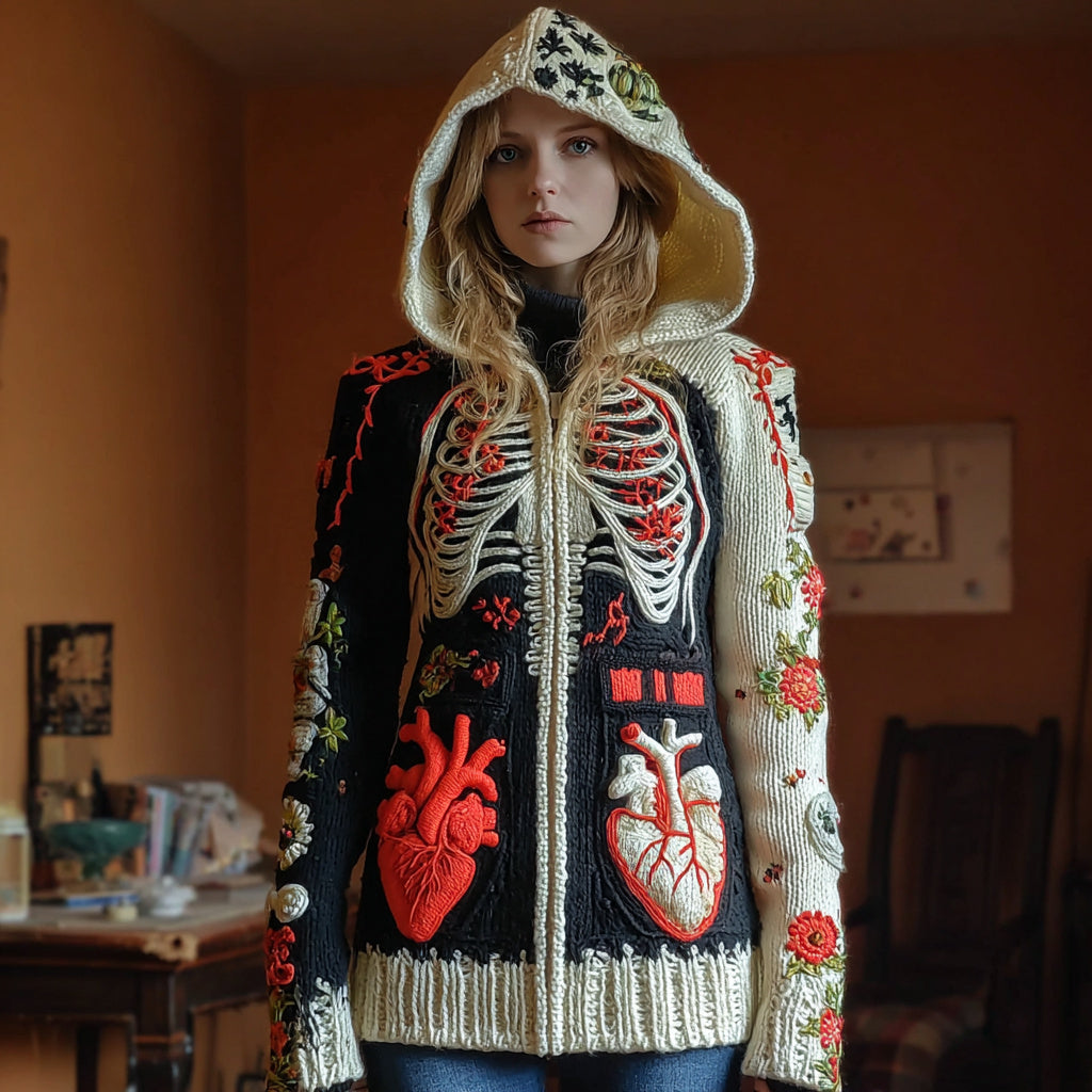 Comstylish Women's Skull Rib Flower Embroidery Art Cozy Knit Zip Up Hooded Sweater