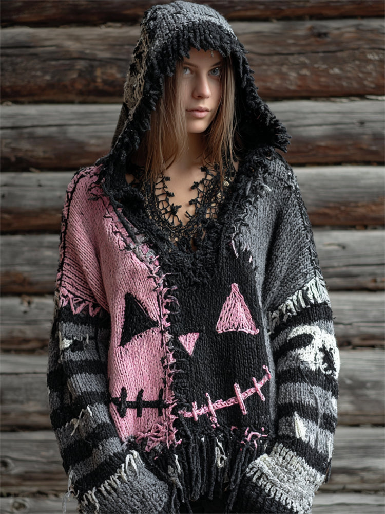 Halloween Pumpkin Face Colorblock Stitched Knit Hooded Sweater elevenforest