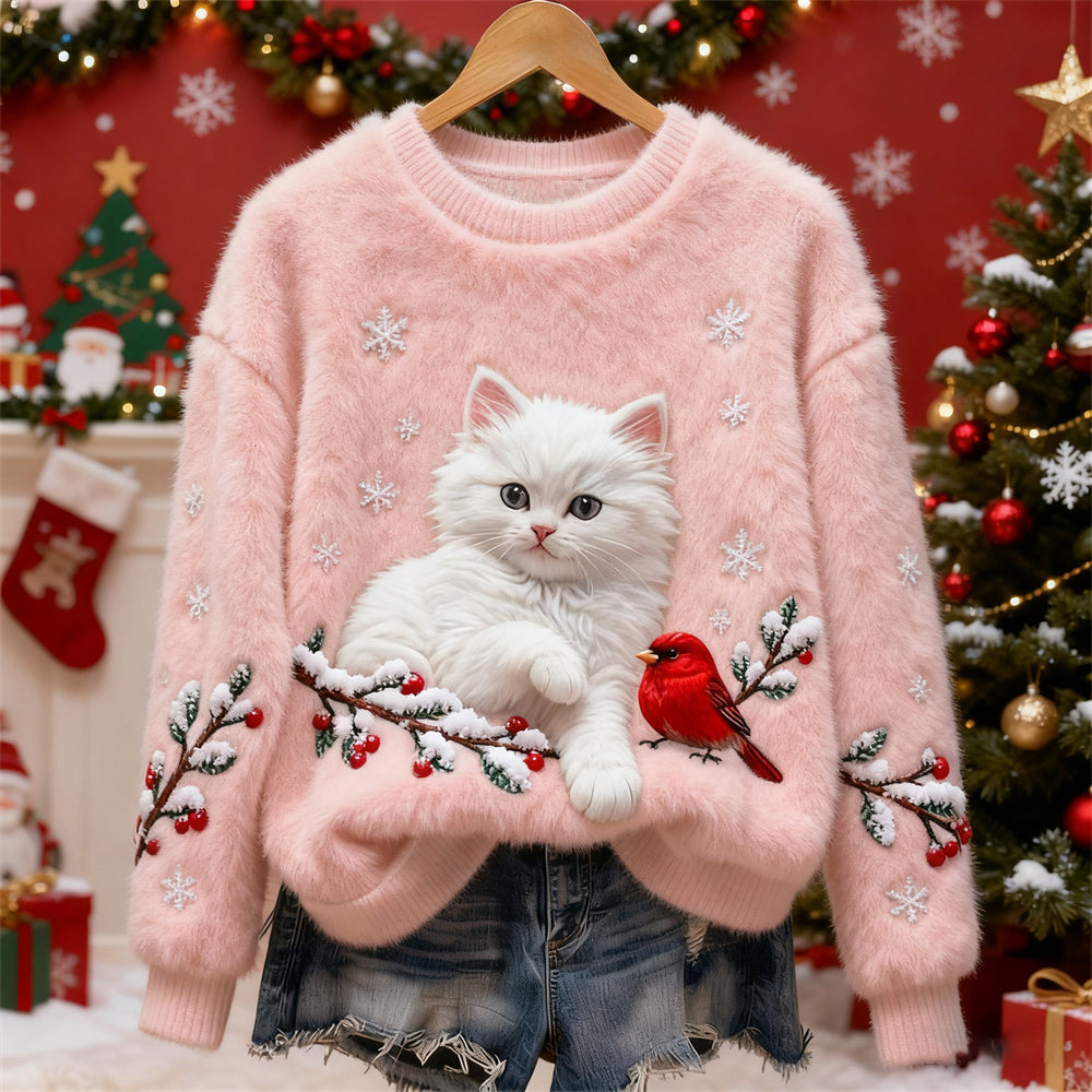 Christmas Cat & Bird Art Women's Flannel Sweater elevenforest