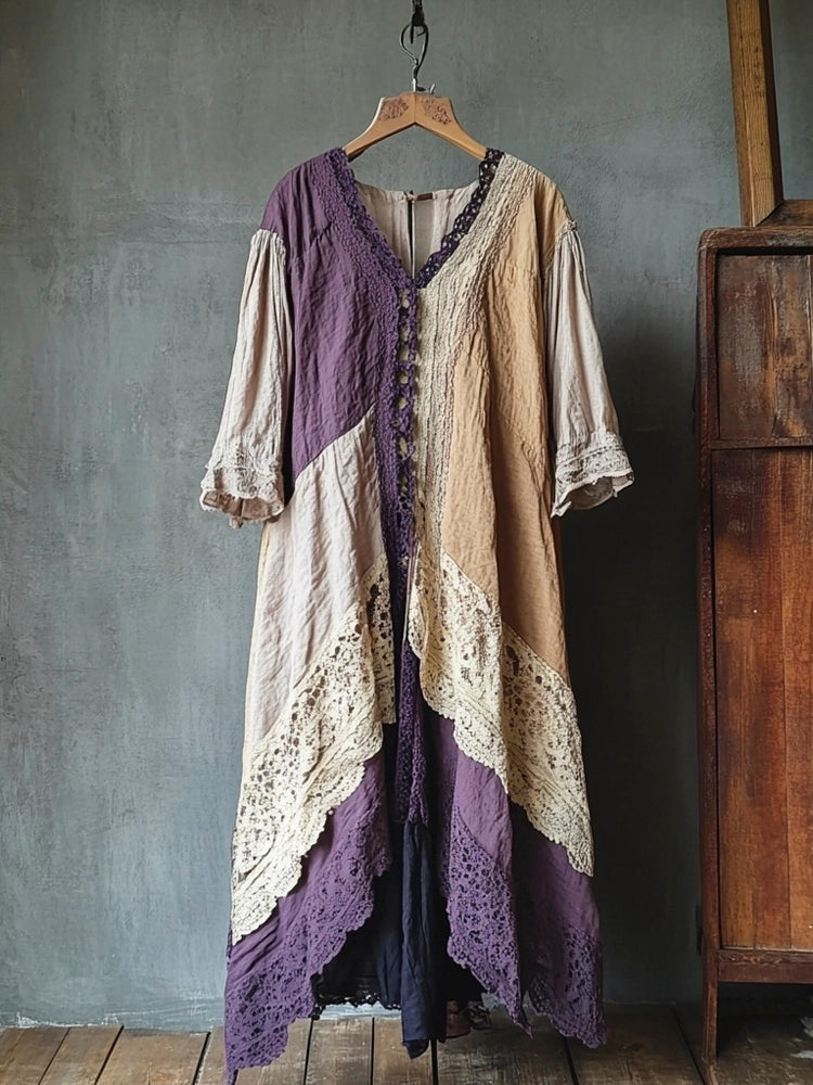 Vintage Lace Patchwork Linen Women's Long Dress elevenforest