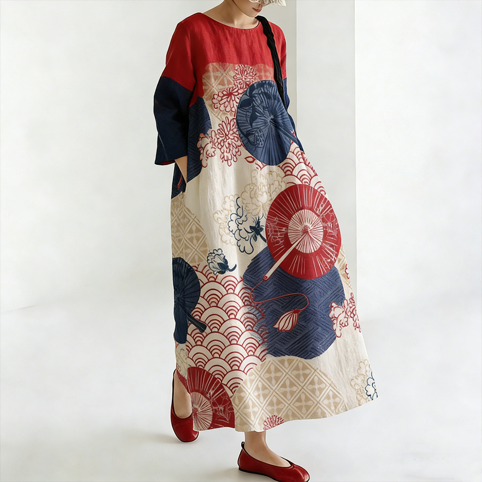 Comstylish Japanese Art Line Art Pattern Retro Dress