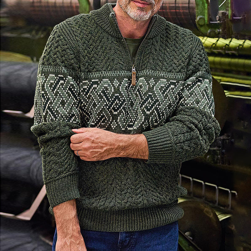 Vintage Warmth Celtic Aran Knit Jacquard Icelandic Half Zip Collar Sweater（Unisex ） elevenforest