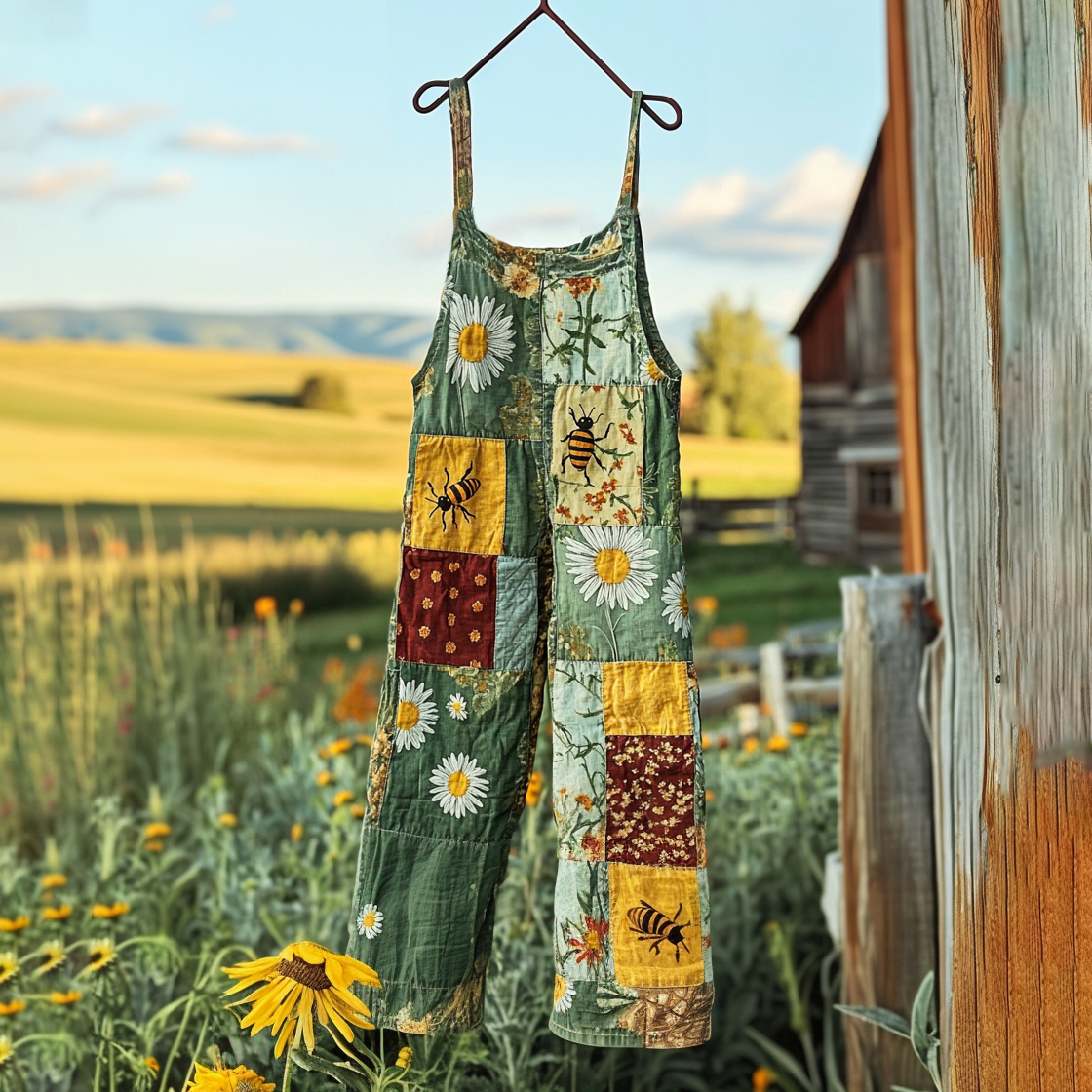 Farmland Sunflower Floral Bee Patchwork Print Linen Jumpsuit elevenforest