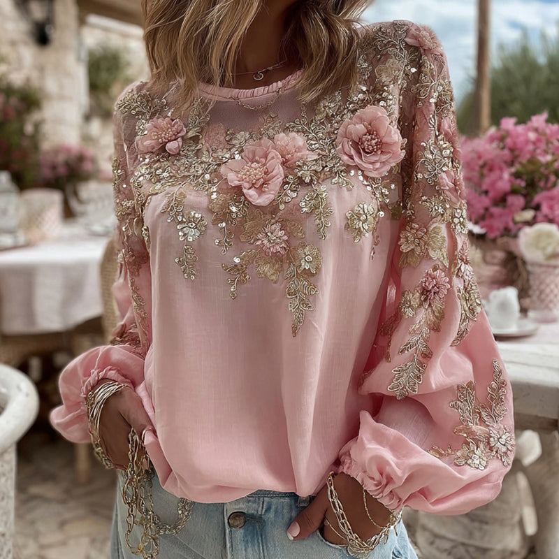 Women's Elegant Pink Flower Embroidery Art Round Neck Long Sleeve T-shirt elevenforest