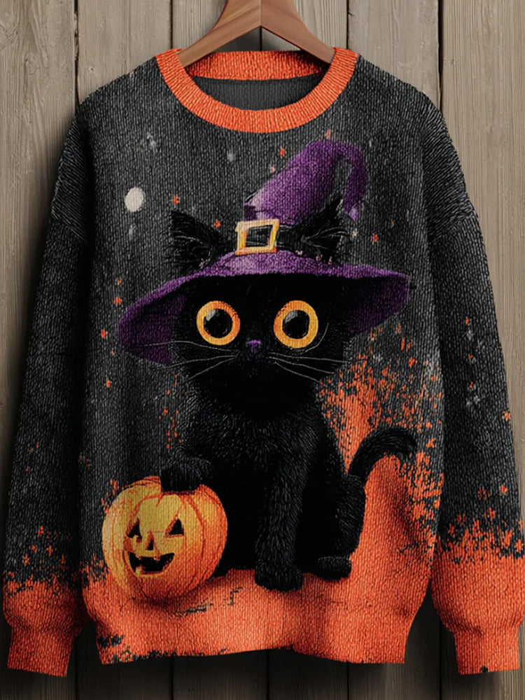 Comstylish Women's Halloween Witch Black Cat Regular Sweater