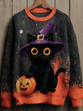 Women's Halloween Witch Black Cat Regular Sweater elevenforest