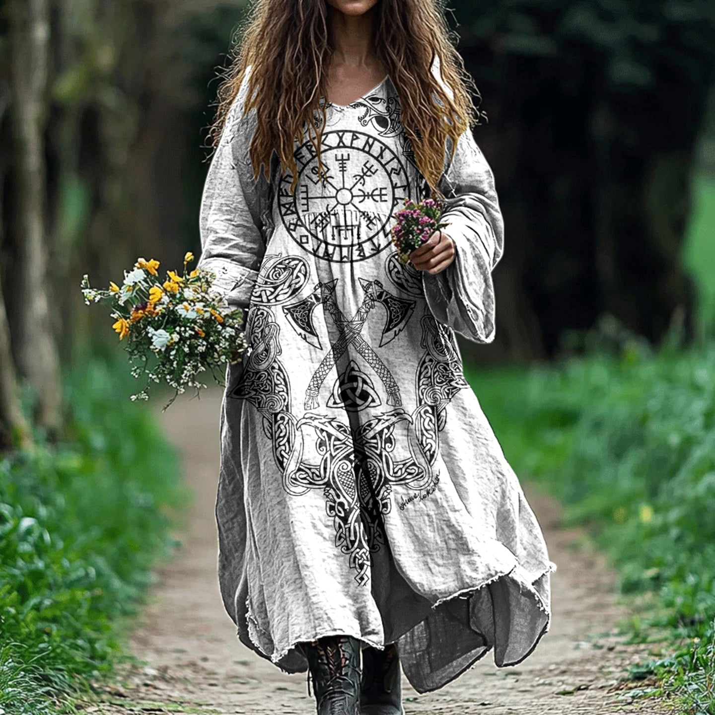Women's Vintage Viking Pattern V Neck Long Sleeve Casual Maxi Dress elevenforest