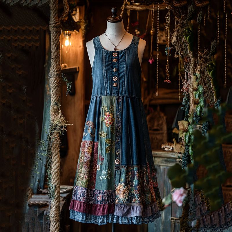 Vintage Denim Sunflower Floral Patchwork Sling Dress elevenforest